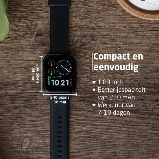 BREND Smartwatch voor Dames en Heren - Stappenteller, Bloeddrukmeter en Hartslagmeter - Sporthorloge - Waterdicht – Zwart