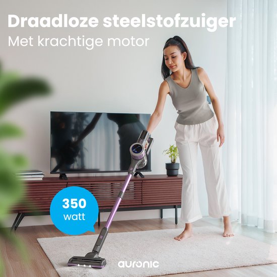Auronic Steelstofzuiger – Draadloos & Zakloos – 350W | 30 kPa | 50 min – 123 x 25 x 21 cm – Grijs/Paars