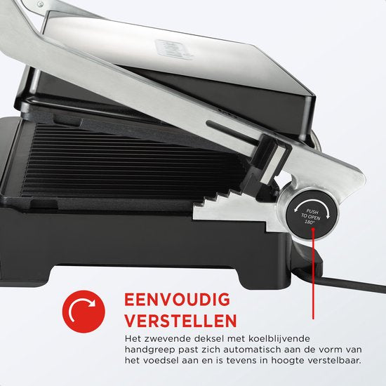 Bourgini Contact Grill PURE – PFAS-vrije 2-in-1 Sandwich- & Panini-Grill – Instelbare Temperatuur & Timer – Verwijderbare Grillplaten – Zilver