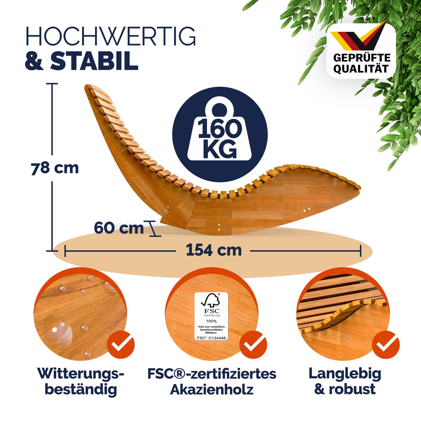 CASARIA Schommelligstoel Java – Ergonomisch Ligbed Van Duurzaam FSC-Acaciahout – Opvouwbaar En Weerbestendig – Voor Tuin En Terras – 154 x 60 x 78 cm