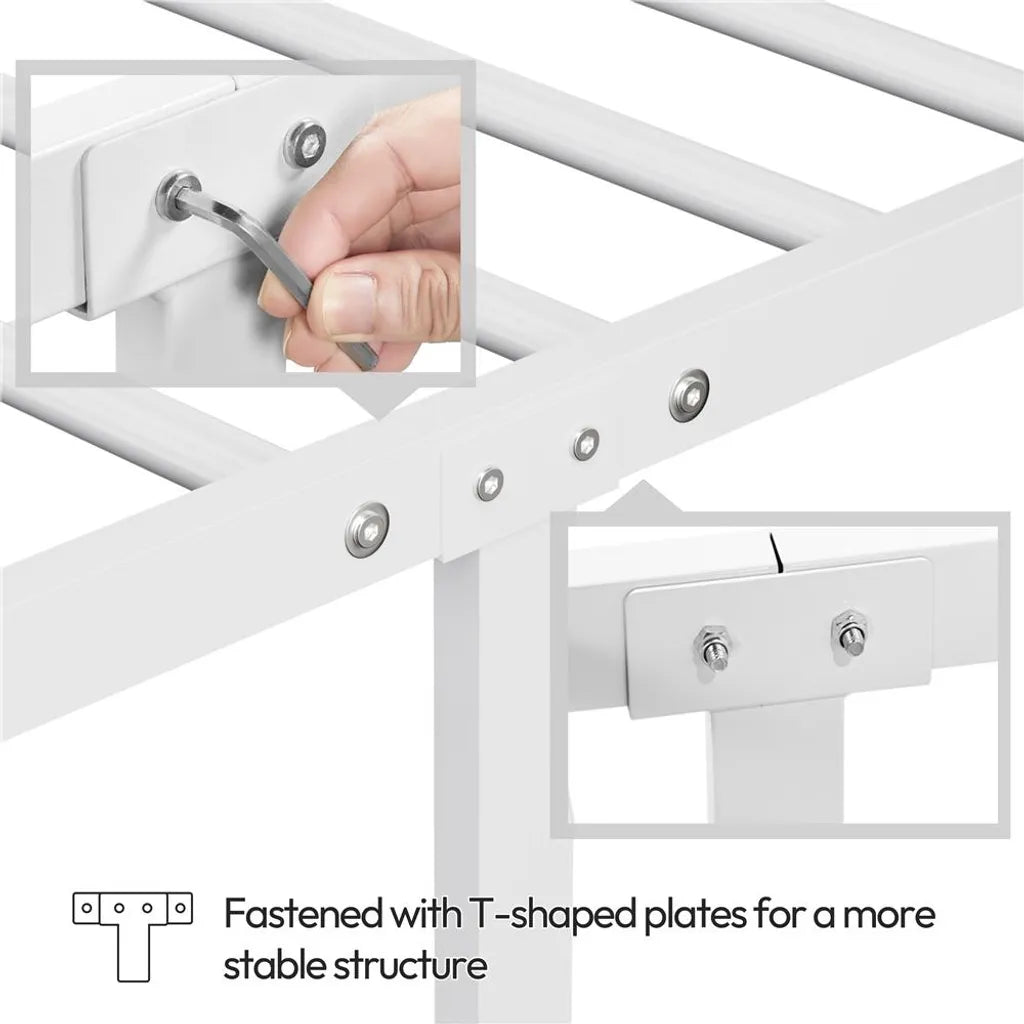 Yaheetech Bedframe 90 × 200 cm – Wit Metaal – Eenpersoonsbed met X-Design Hoofdbord, Lattenbodem en 32 cm Opbergruimte