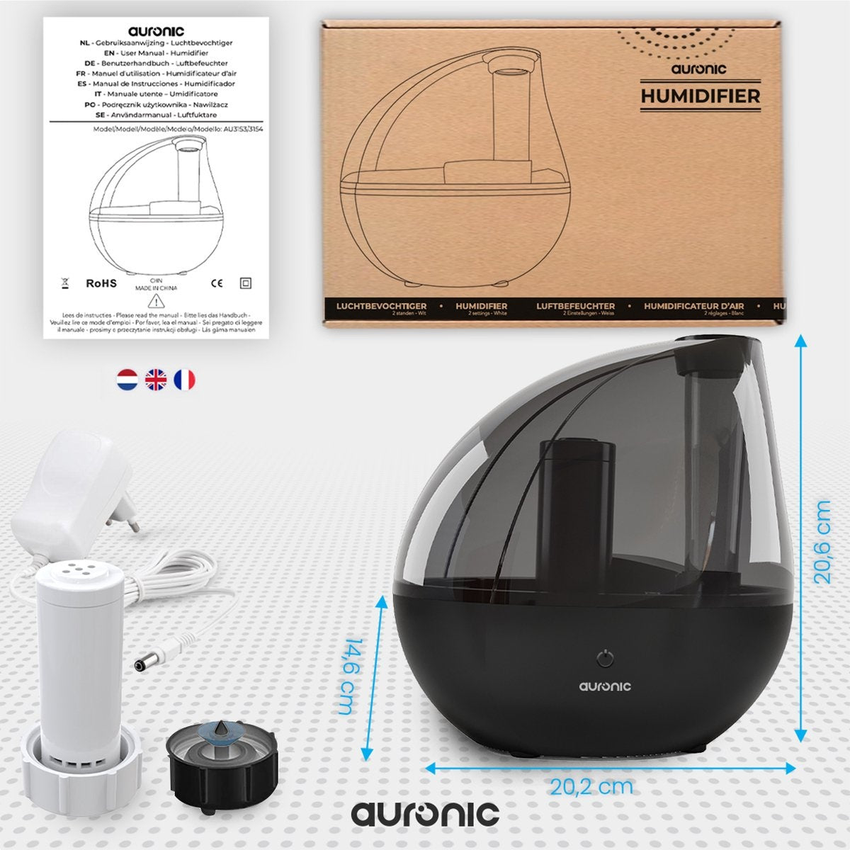 Auronic Luchtbevochtiger - Geschikt voor Babykamer & Slaapkamer - Zwart - Inclusief Waterfilter