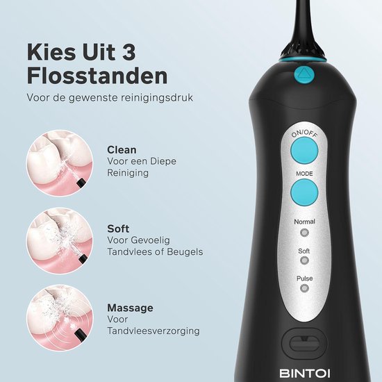 Bintoi® iSonic F500 - Waterflosser - Professionele Monddouche - Flos voor Beugels - Flosapparaten - 3 Standen en 4 Opzetstukjes - IPX7 Waterdicht - Incl. Reistas Cadeau