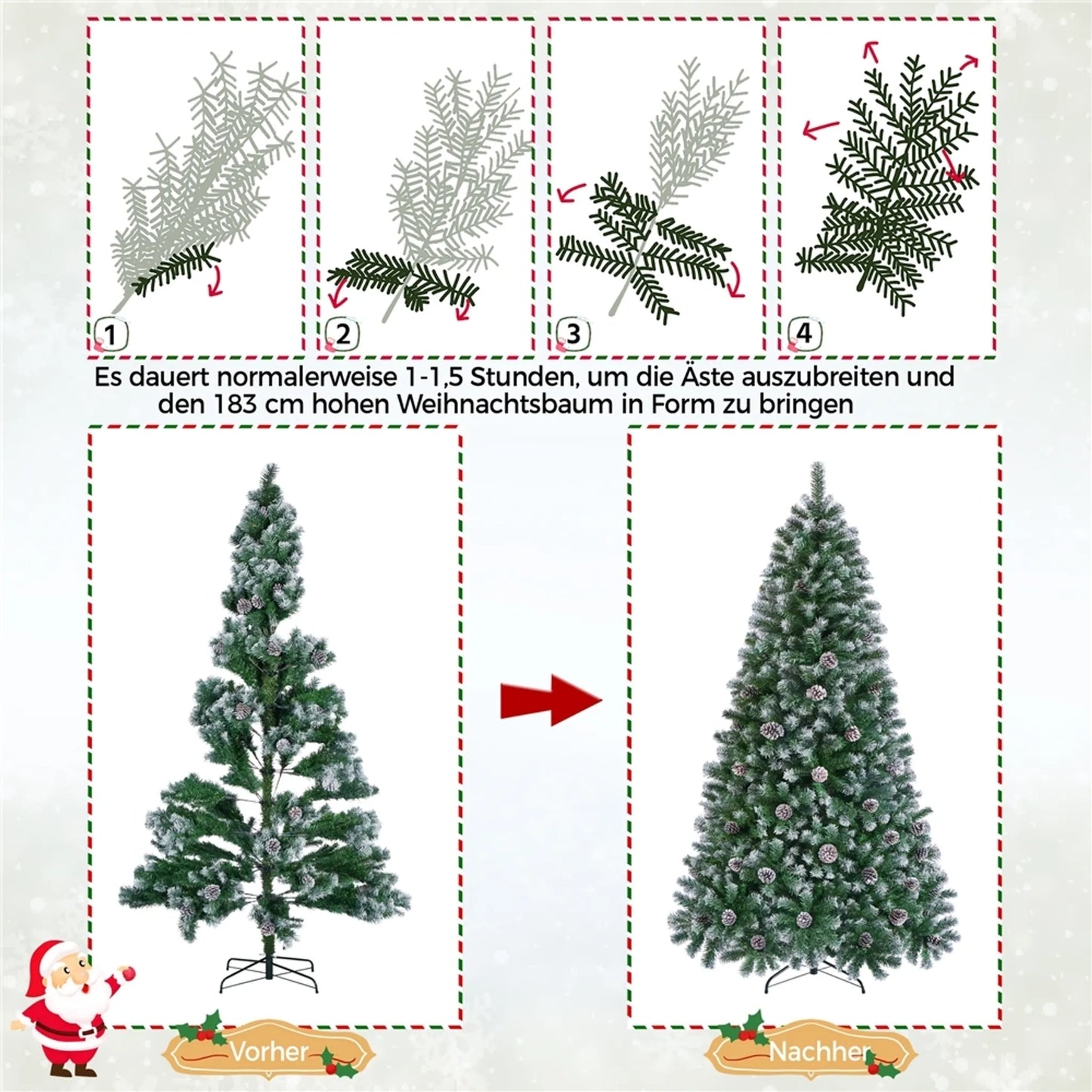 Yaheetech Kunstkerstboom Besneeuwd – 183 cm – Voorzien Van 920 Takken En Natuurlijke Dennenappels En Opvouwbare Metalen Standaard – Voor Binnen En Buiten – Groen PVC En Metaal – 106 x 106 x 183 cm