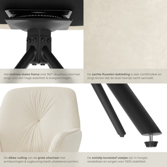 tectake® Draaifauteuil Lenia - Set van 2 Draaifauteuils met Armleuning - Draaibare Eetkamerstoel - Draaibare Fauteuils - Gestoffeerd - Fluweellook Crème/Zwart