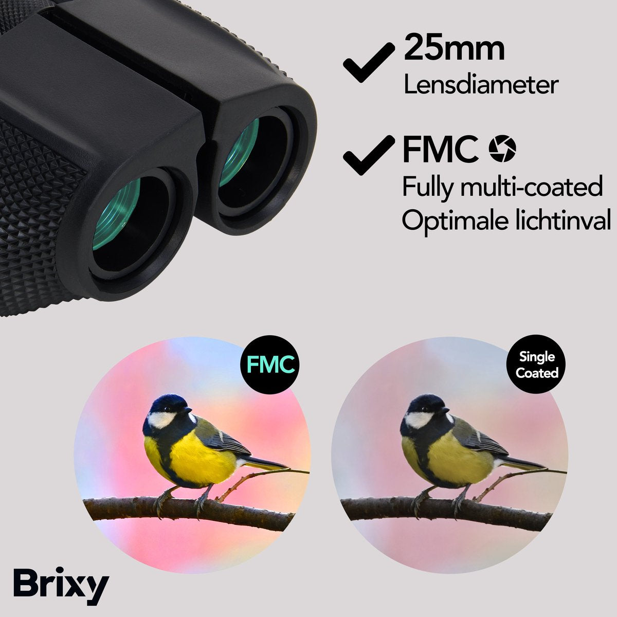 Brixy Verrekijker 10x25 - Compacte Waterdichte Verrekijker met BAK4 Prisma’s en FMC-Lenzen - Inclusief Nekkoord, Draagtas en Schoonmaakdoekje - Zwart - 10x25 mm