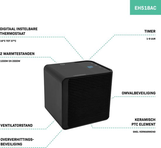 VONROC Elektrische kachel - ventilatorkachel - 1000W/2000W - Keramisch - 3 standen - LED display - thermostaat en timer – 20m2