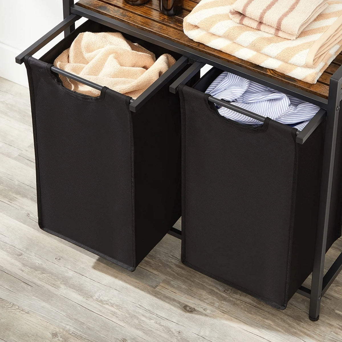 JOYFURNOS Wasmand met 2 Vakken - 2 x 46 Liter - 73 x 33 x 72 cm - Vintage Bruin-Zwart