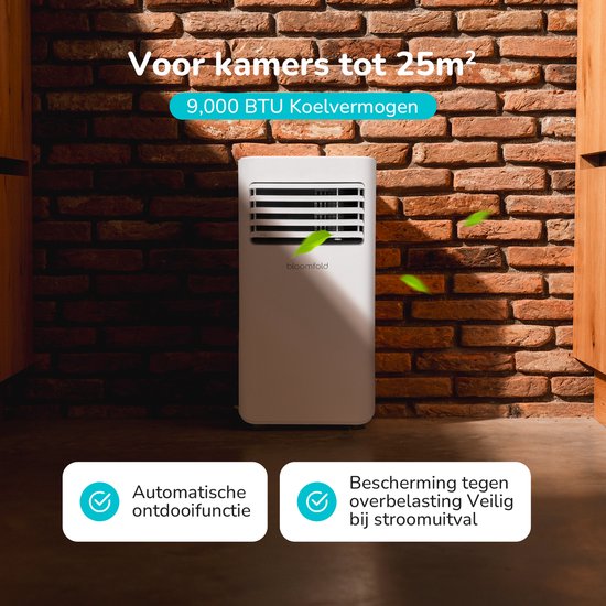 Bloomfold Mobiele Airco - 9.000 BTU - 4-in-1 - Airconditioning met Raamafdichtingskits - Slaapkamer airconditioning - Woonkamer airconditioning - tot 25m² koelen - Wifi modus & App