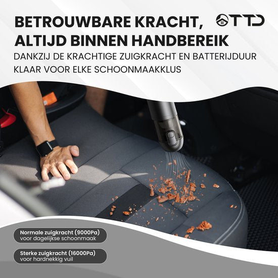 TTD® Premium Auto Stofzuiger Draadloos en Oplaadbaar - 17.000 Pa - Kruimeldief Snoerloos - Handstofzuiger - Blazen & Zuigen - Hittebestending - Compact design - Met HEPA-filter