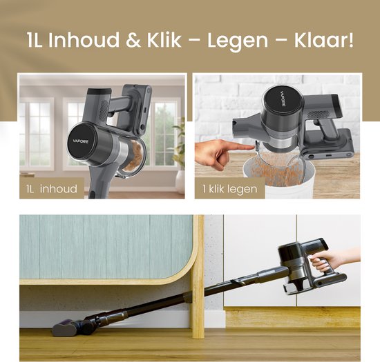 Vapore Steelstofzuiger Draadloos - 47 Minuten Accuduur - 350W - Snoerloze Stofzuiger - Zonder Zak - Op Accu - Vacuum Cleaner - Kruimeldief - Draadloze Steelstofzuiger - Zwart