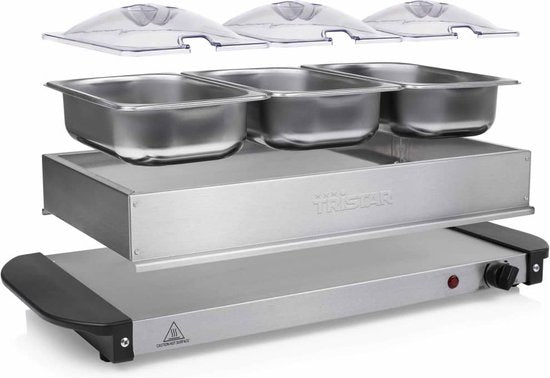 Tristar BP-6283 - Buffetwarmer 200W - Chafing dish - 3 x 1,4 Liter - Incl deksel - RVS