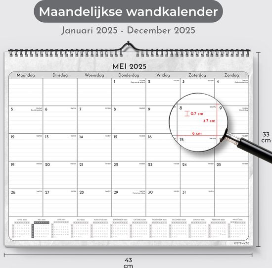 Systemyze Maandkalender 2025 Ophangbaar 12 Maanden - Kalender - Jaarkalender - Maandplanner - Wandkalender - Jan 2025 t/m Dec 2025 - 43 x 33cm