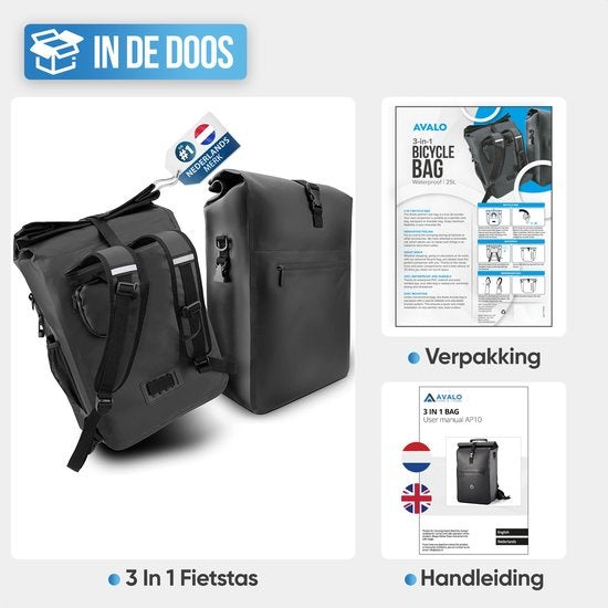 Avalo Fietstas - 3 in 1 Ontwerp - 25L - Waterdicht - 48 x 28 x 17 cm -Zwart