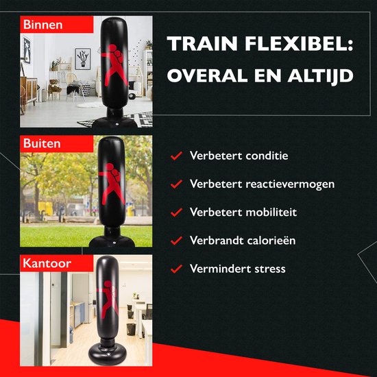 Zoluko Opblaasbare Bokszak op Voet - Incl. Bokshandschoenen, Voetpompje en E-book - Voor binnen en buiten - Voor Volwassenen en Kinderen - Zwart - ø 65 cm - 160 cm hoog