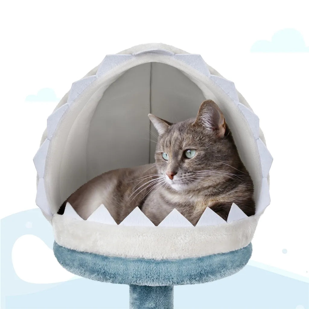 Yaheetech Kattenboom Ocean Style 115 cm – Blauw/Wit – Krabpaal met Kattenhuis, Ligmand, Plateau en Sisalpalen