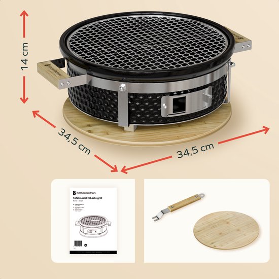 KitchenBrothers Kamado Hibachi Grill - Houtskool Barbecue - Shichirin Tafelgrill - PFAS-vrij - Ronde BBQ - Keramische Barbecue - Zwart