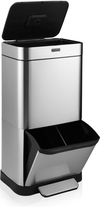 Umuzi Cleaning Zilveren Prullenbak - Met Sensor en Pedaal - 4 Compartimenten - Eenvoudig Afval Scheiden - RVS - 70 Liter - Recyclen - 42 x 30 x 80 cm