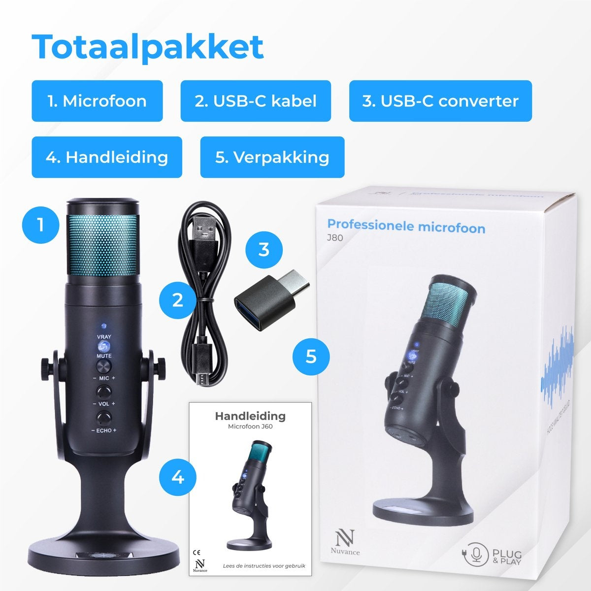 Nuvance - USB Microfoon met Standaard - voor PC en Gaming Microfoon - Streaming Microphone - RGB