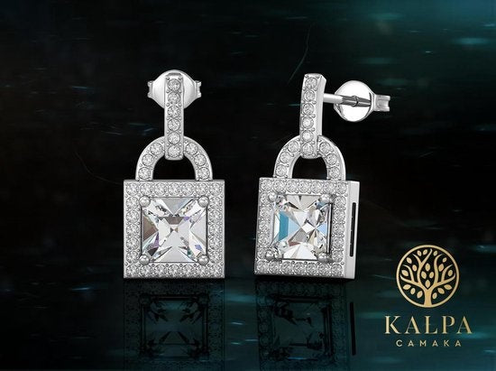 Yolora Dames Oorbellen Slotje - Kalpa Camaka Kristallen - Zilverkleurig - 18K Witgoud Verguld - Vrouwen Oorhangers Zilver - Sieraden - Luxe Giftbox - Geschenkdoos - Cadeau doos - Mooie Cadeauverpakking - Moederdag Cadeautje
