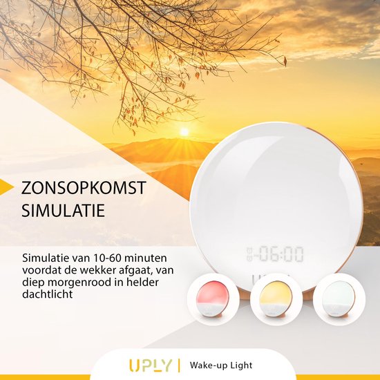UPLY Wake Up Light - Met USB Oplaadpunt - Licht Wekker - Wekker Radio - 2 Wektijden - 7 Kleuren