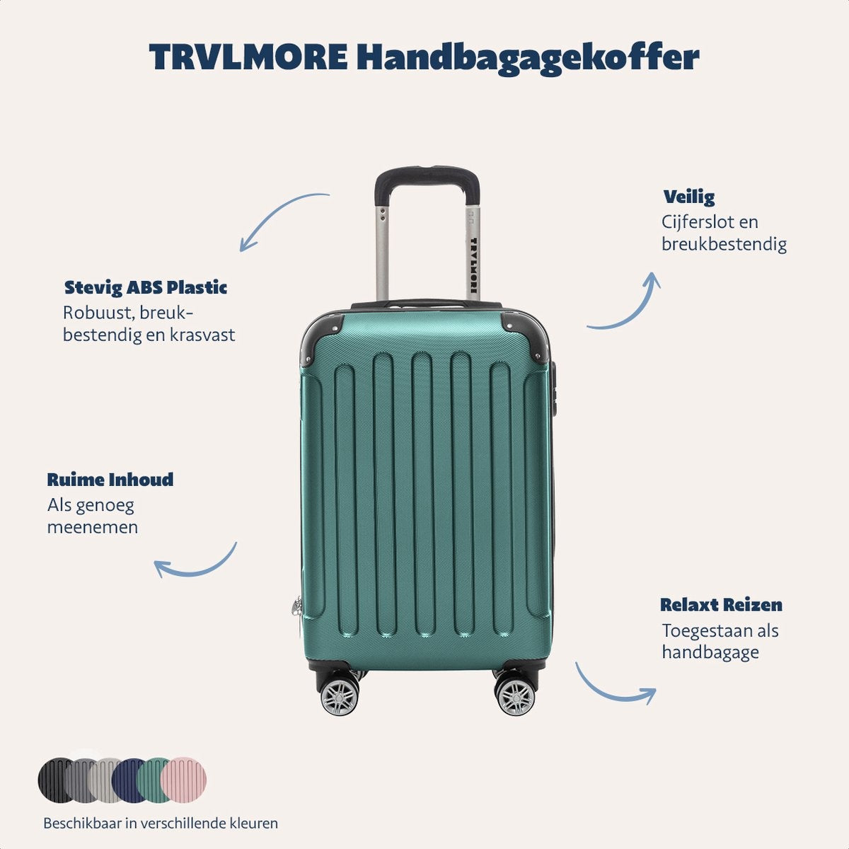 TRVLMORE Handbagage Koffer met Wielen - 54x36x20cm - 38L - Donkergroen