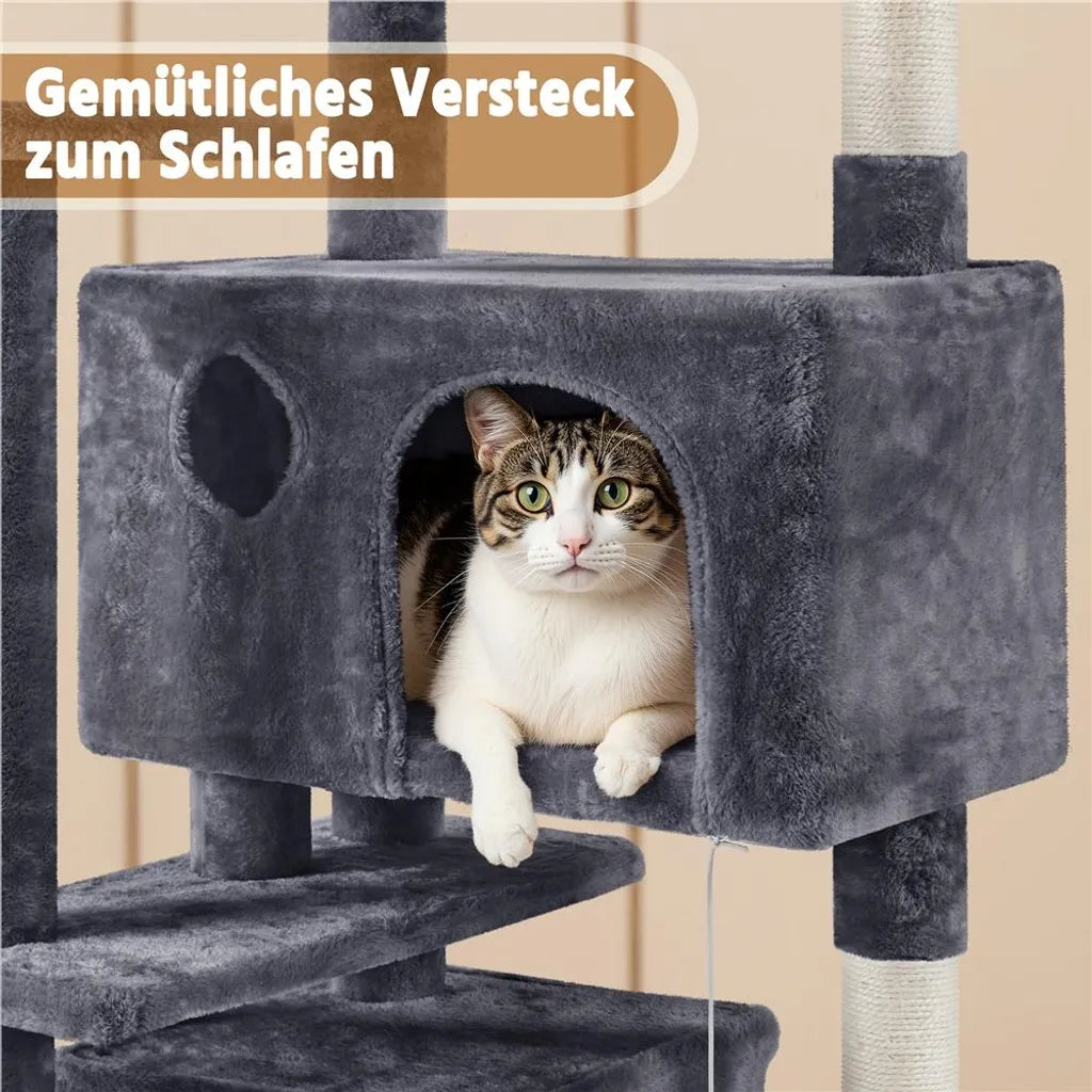 Yaheetech Krabpaal Donkergrijs – 158 cm Hoog – Met 3 Uitkijkplatforms en 2 Kattenhuisjes