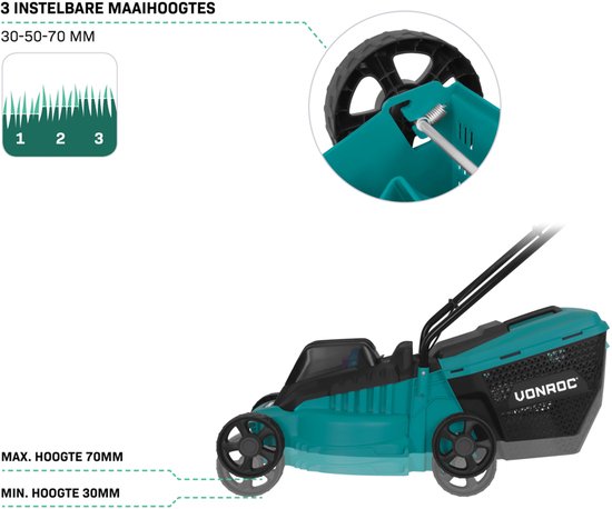 VONROC Accu Grasmaaier 20V – 32 cm maaibreedte – Borstelloze motor - Drie instelbare maai-hoogtes: 30/50/70 mm - Incl. 30L Opvangbak - Excl. Accu en snellader