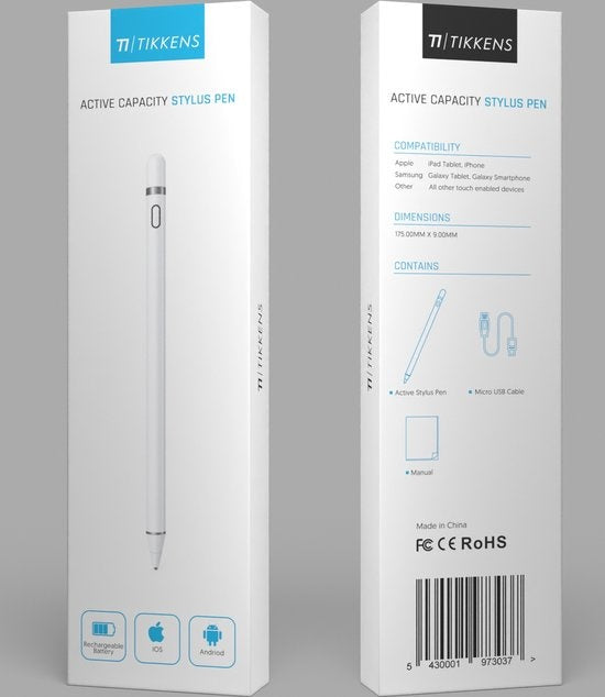 Tikkens Stylus Pen - 2 In 1 Active Pencil Geschikt Voor Tablet, Ipad, Android en Apple Telefoons - Wit