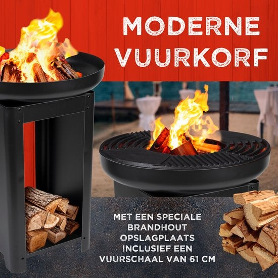 BBQ Collectie 3-in-1 Vuurkorf en Grillplaat - Tuinhaard 61 x 90 cm - met Teppanyaki Bakplaat - Plancha BBQ met Brandhout Opslagplaats - Vuurkorf voor Buiten - Metaal