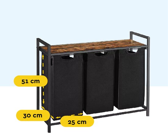 BRASQ Wasmand 3 vakken - Wassorteerder 114 Liter - Uitschuifbaar met Plank 92,5x33x71 cm - Wasbox Zwart Metaal - Bruin hout - Basket
