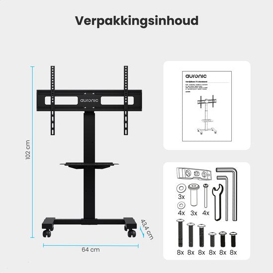 Auronic TV Standaard – Verrijdbaar, Draaibaar & Kantelbaar – Voor 32–75 inch – Max. 40 kg – 98 x 68 x 158 cm – Zwart
