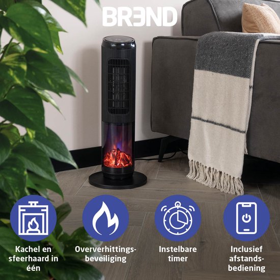 BREND BR-2222 Elektrische Kachel met Sfeerhaard en Thermostaat 18-45 °C – Keramische Ventilatorkachel – Verwarming met Swingfunctie – Timer – Zwart