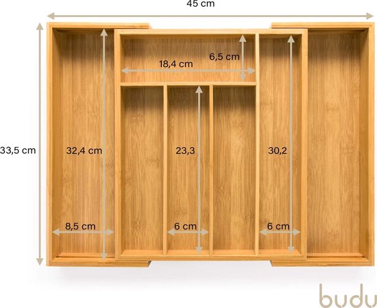 Budu Uitschuifbare Bamboe Bestekbak #33,5 (33,5 cm diep) - Bestekcassette Hout - Besteklade - 33,5 x 28 - 45 cm - 5/7 vakken