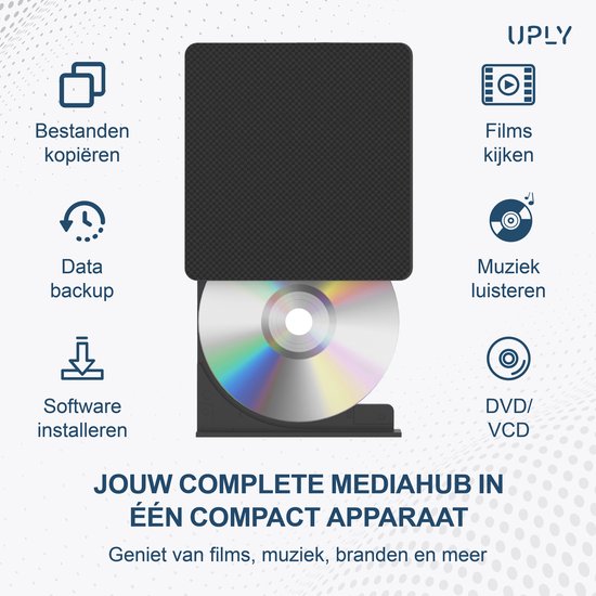 UPLY Externe DVD Speler - Windows en Mac - USB C en USB 3.0 - Externe DVD Speler voor Laptop - Externe DVD Speler en Brander - CD