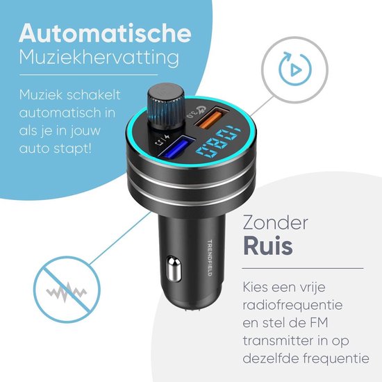 Trendfield FM Transmitter Bluetooth 5.0 - Carkit USB 3.0 Snelladen - Auto Accessoires - Beluister Draadloos Muziek via Spotify of Youtube