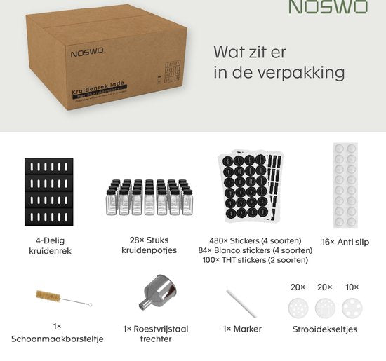 Noswo Kruidenrek Lade - Met 28 Potjes - Complete Set - Vierkant - Strooideksel en Labels - Kruiden Organizer - Keukenlade Organiser - Zwart