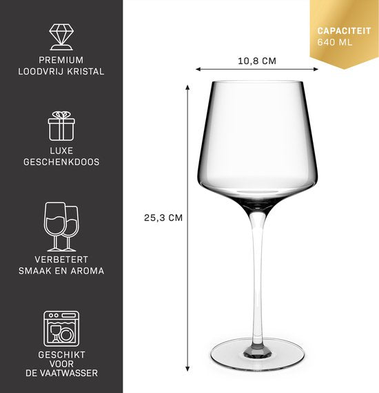 BarDeluxe® Wijnglazen Rode Wijn - Luxe Cadeau - Kristallen Wijnglas 640ml - Rode Wijnglazen Kristal - Handgemaakt - Perfect voor Bar of Diner
