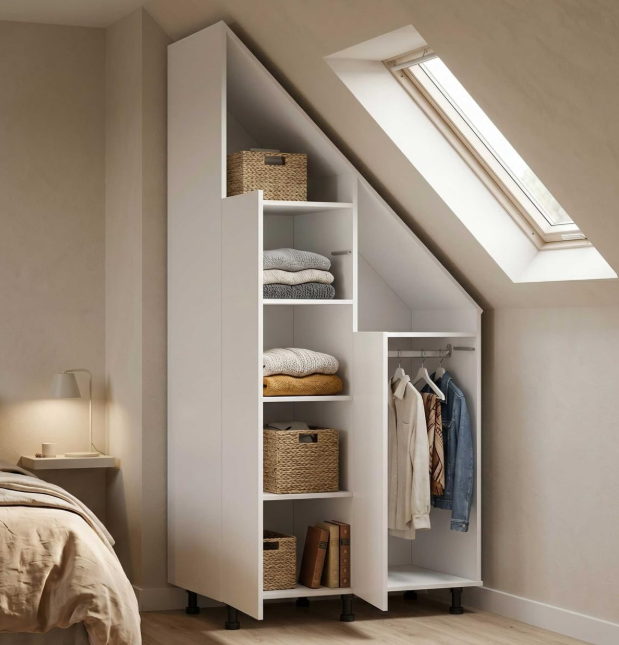 VDD Kledingkast voor Schuine Wand - 182 x 47 x 91 cm - Wit - Schuifdeuren - 2 Planken - Kledingstang