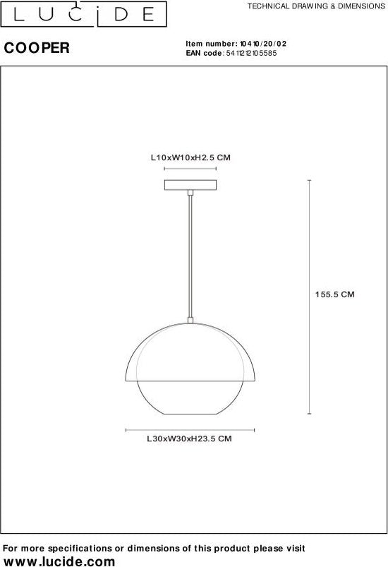 Lucide COOPER - Hanglamp - Ø 30 cm - 1xE27 - Mat Goud / Messing