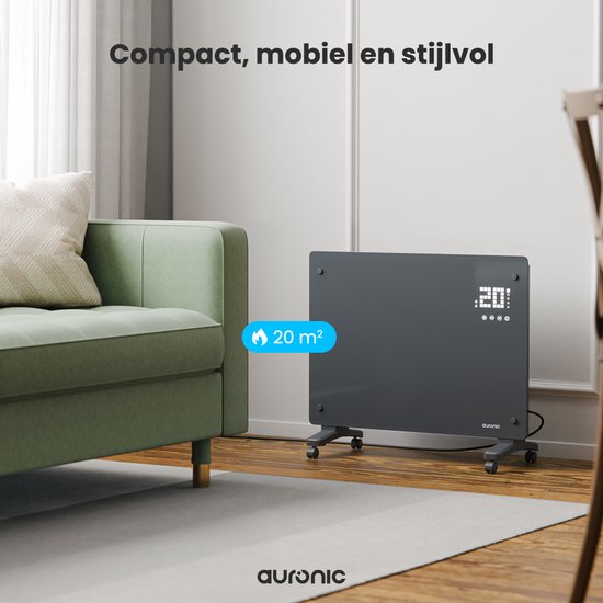 Auronic Elektrische Kachel – Convectorkachel met Thermostaat en Afstandsbediening - Glazen Paneelverwarming - 1500W Heater - Grijs