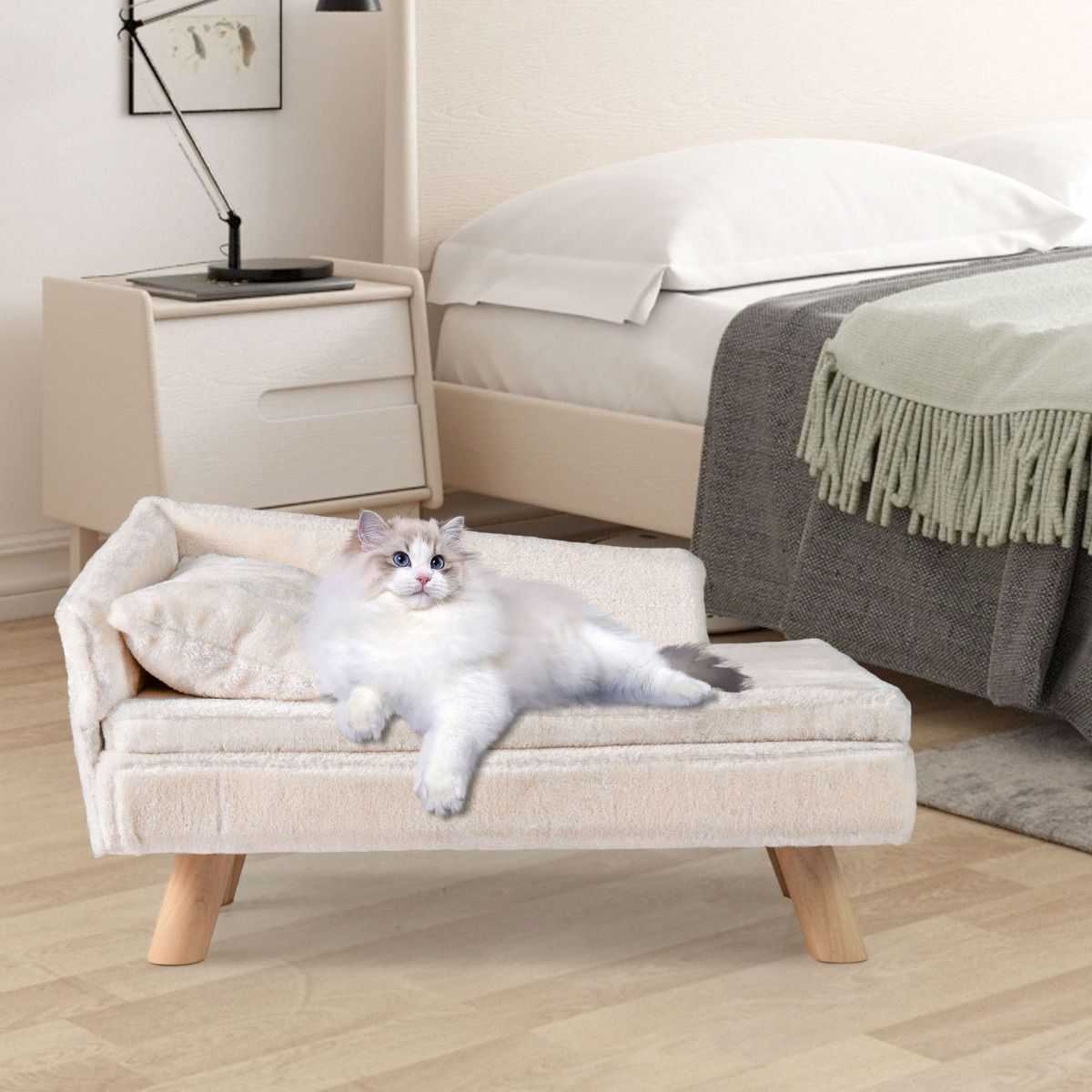 Coast Verhoogd Huisdierenbed - halfronde rugleuning - afneembaar kussen - beige - 71 x 43 x 40 cm
