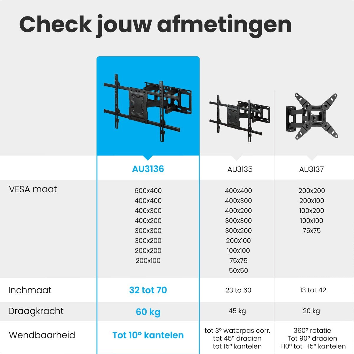 Auronic TV Beugel - Draaibaar en Kantelbaar - 37 tot 70 inch - Tot 60 KG - Zwart