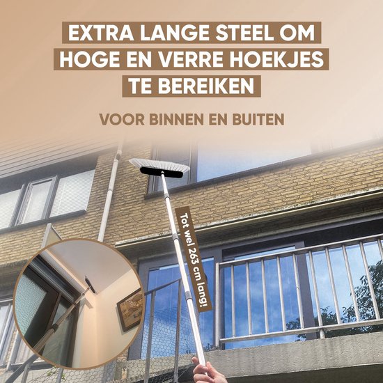 TTD® Stoffer en Blik met Lange Steel XXL - Verstelbaar 54-263 cm - Bezem - Bezemsteel - Grijs & zwart - Veger en Blik - Vuilblik voor Binnen en Buiten - Ingebouwde Schoonmaaktanden