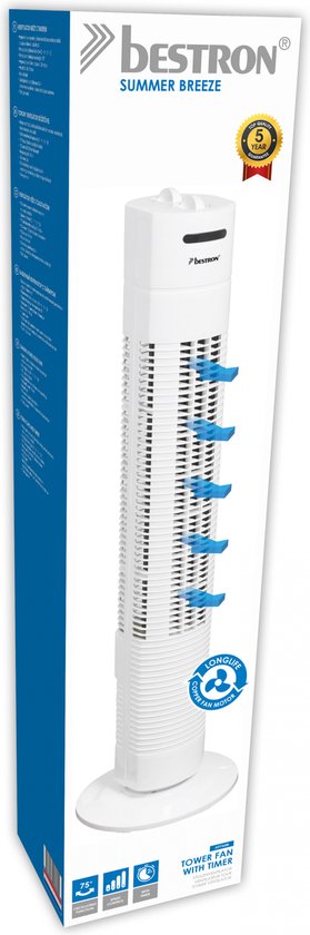 Bestron Torenventilator, Ventilator met 3 snelheidsstanden & 75° graden draaifunctie, incl. Timer, hoogte: 78 cm, 35W, AFT760W, kleur: wit