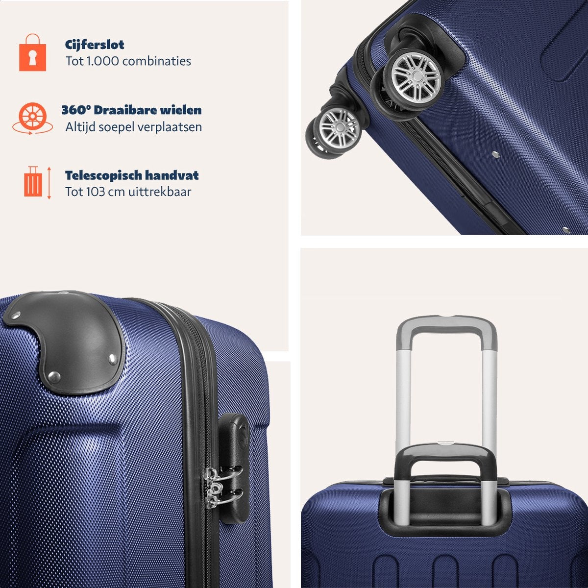 TRVLMORE Kofferset - 3 Delig - Complete Set - 38L Handbagage + 70L en 110L Ruimbagage - Donkerblauw