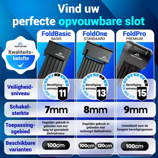 Nextcover Vouwslot 100cm FoldOne Pro | Fietsslot met Drie Sleutels | Fiets Slot met Houder | Slot voor Fietsen, E-Bikes, E-Scooter | SteelSecure-Technologie 3.0