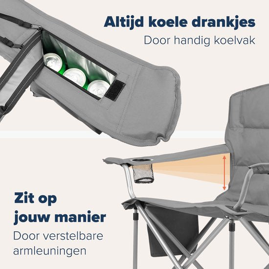TRVLMORE Campingstoelen - Opvouwbaar - 2 Stuks - Vouwstoelen - 150 kg draagvermogen - Drankhouder - Koelvak - Zijvak - Grijs