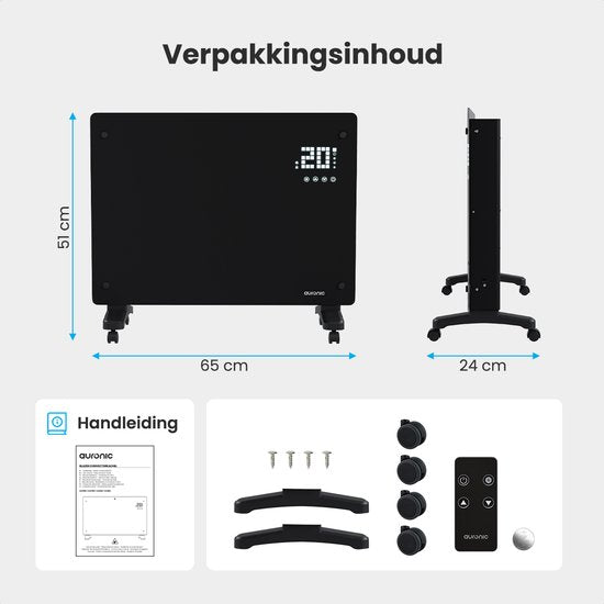 Auronic Elektrische Kachel – Convectorkachel met Thermostaat en Afstandsbediening - Glazen Paneelverwarming - 1500W Heater - Zwart