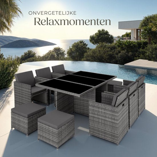tectake® Loungemeubelset - Wicker tuinset - 6 stoelen, 4 krukken en 1 tafel - Tuinmeubelen voor balkon, tuin en terras - Inclusief beschermhoes en kussens - Met 2 kleuren hoezensets - Gemakkelijk te onderhouden - Glazen tafelblad - Grijs